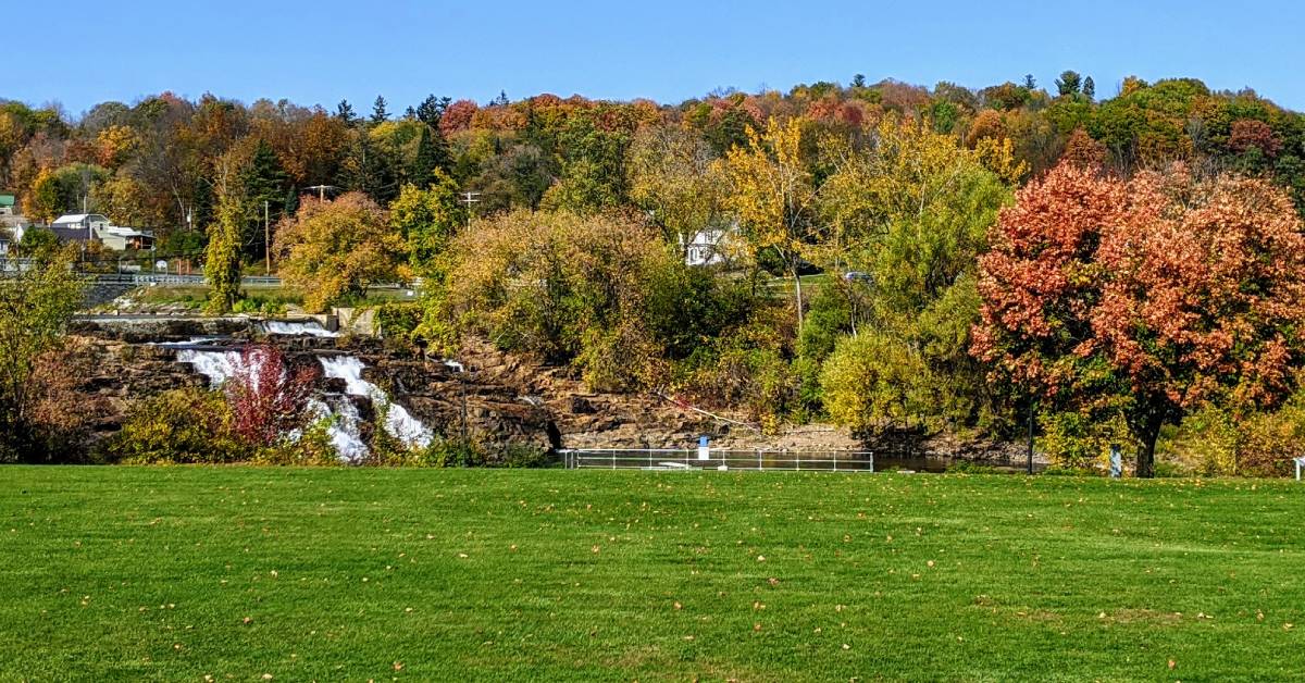 waterfall in bicentennial park in ticonderoga in the fall