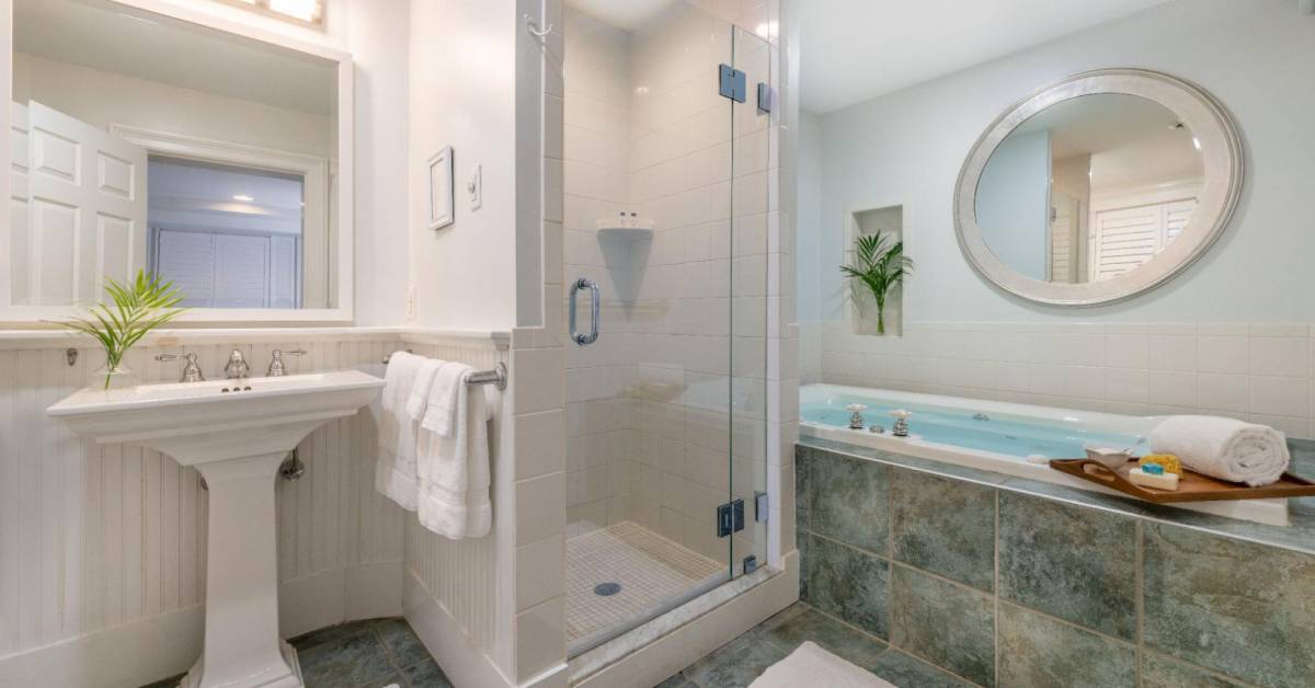deep soaking tub in bathroom