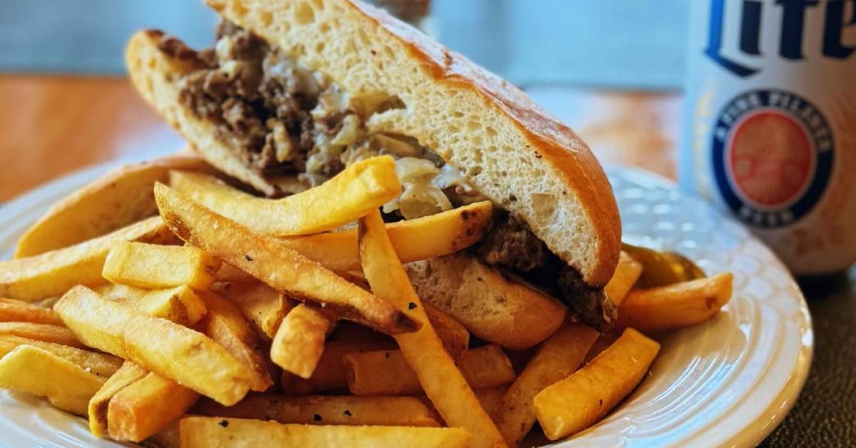 burger with fries and miller lite