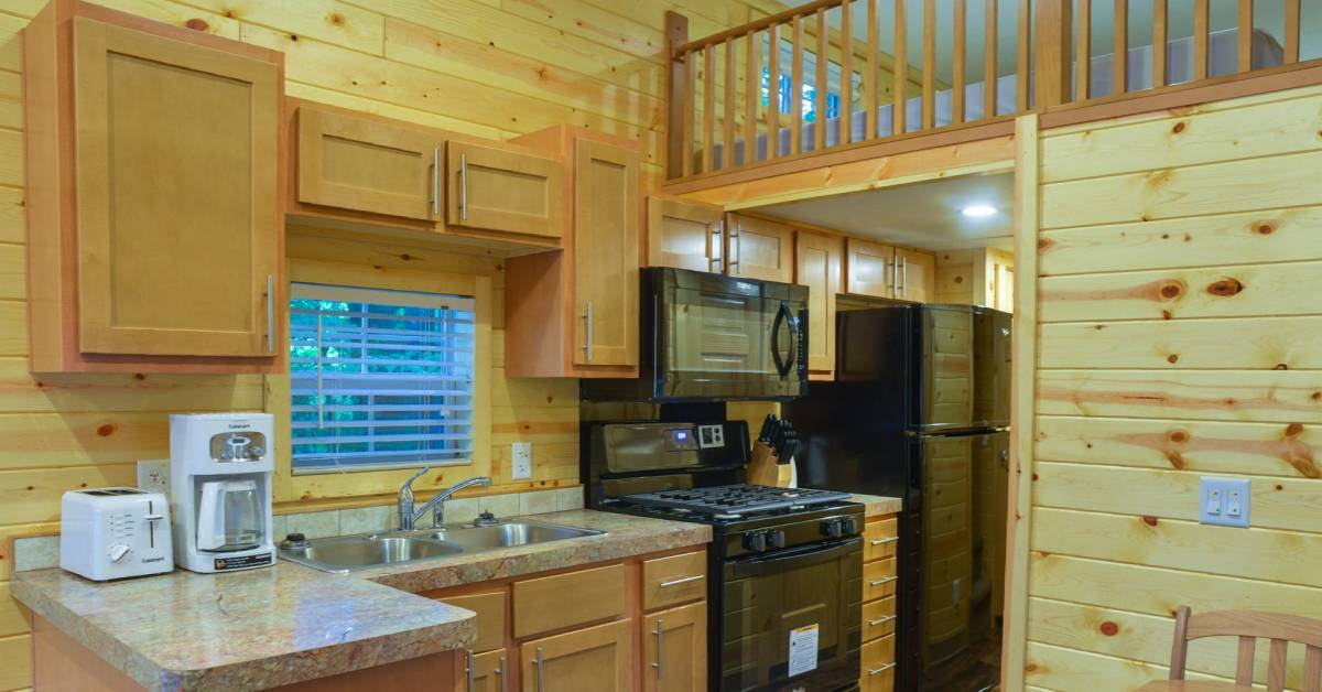 inside cabin with lofted bed area