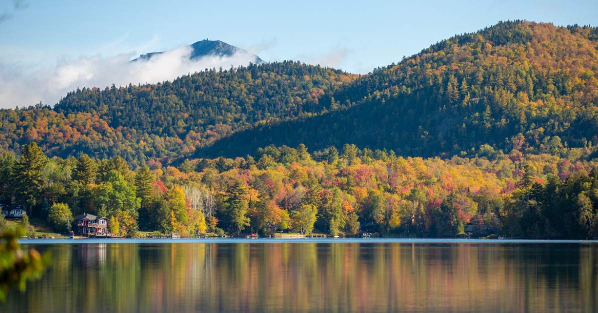 Fall colors on trees reflecting on lake