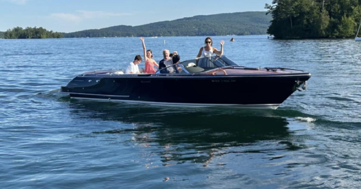a motorboat out on a lake