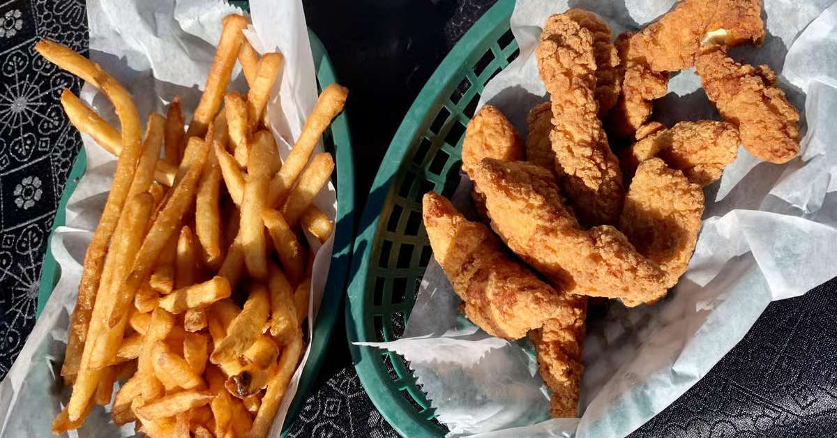 Image shows chicken tenders and fries, perfect for a quick on the go meal in between the fun there is on Caroline Street. 