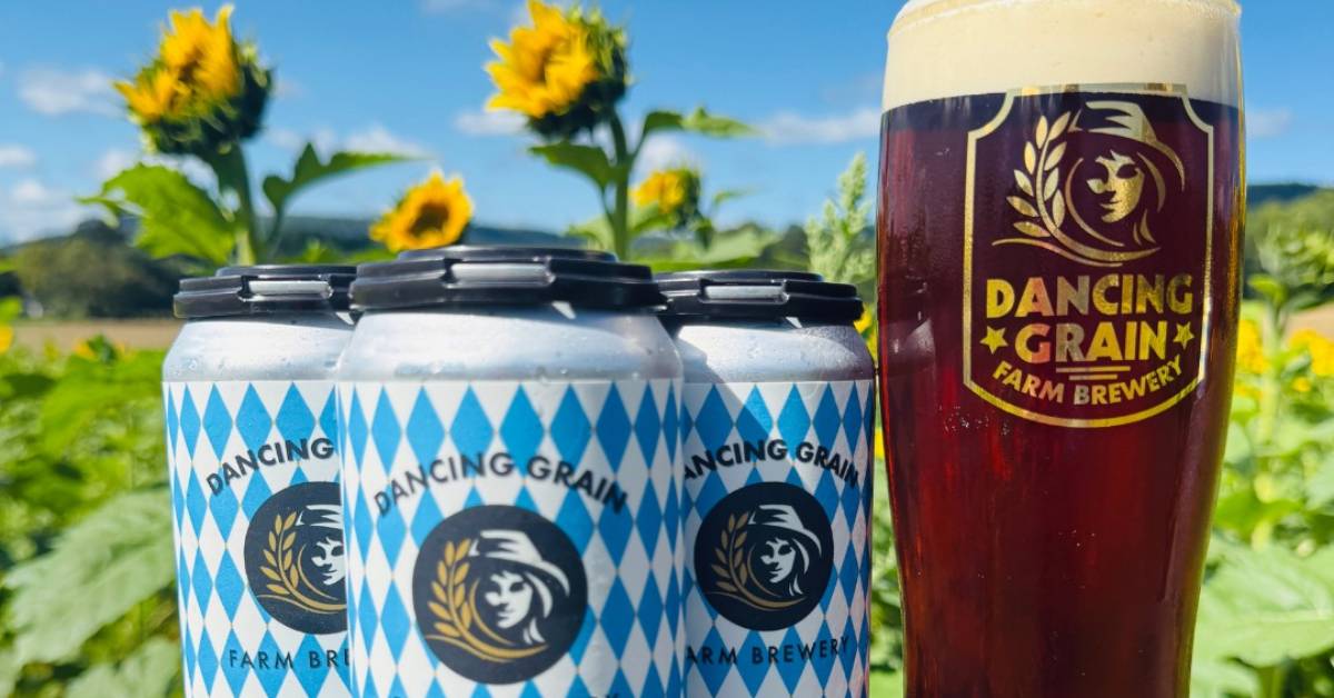 dancing grain beer with sunflowers in the background