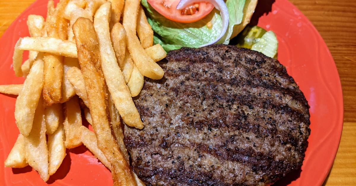 burger and fries at adirondack pub & brewery