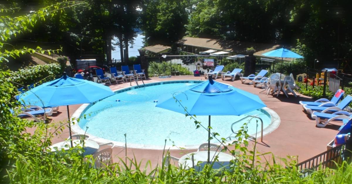 resort pool by lake