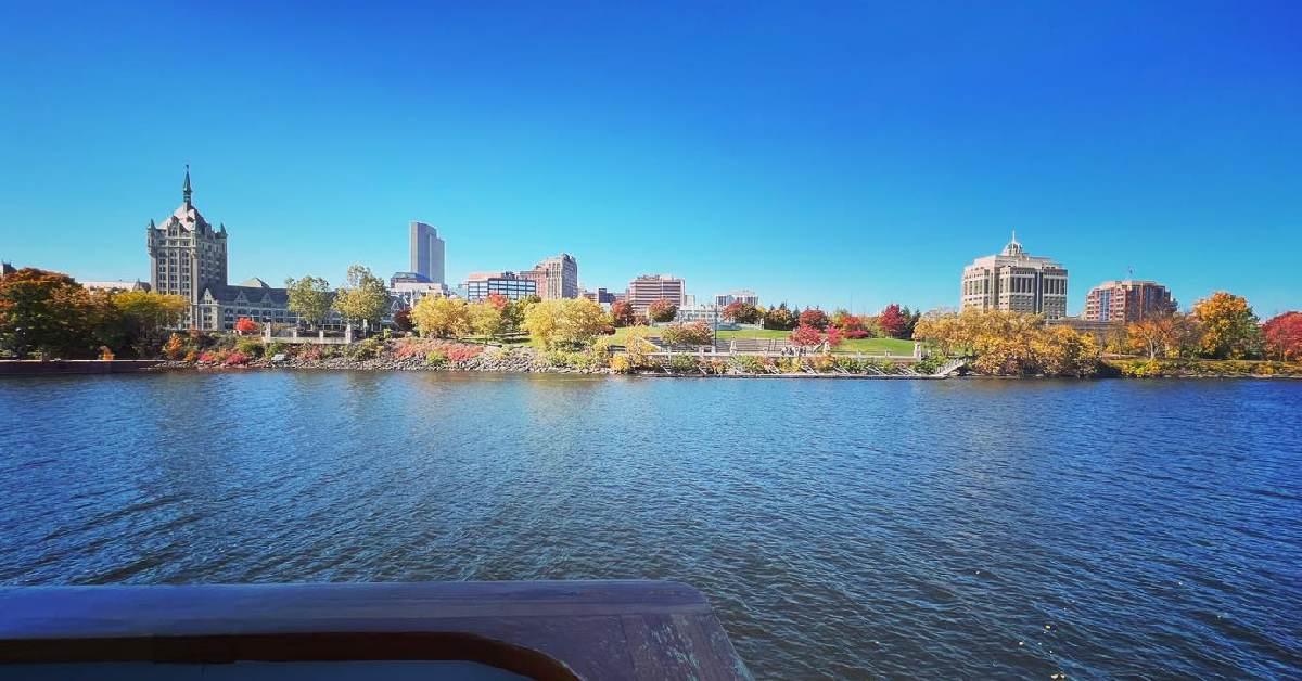 view of cityline from a boat during fall
