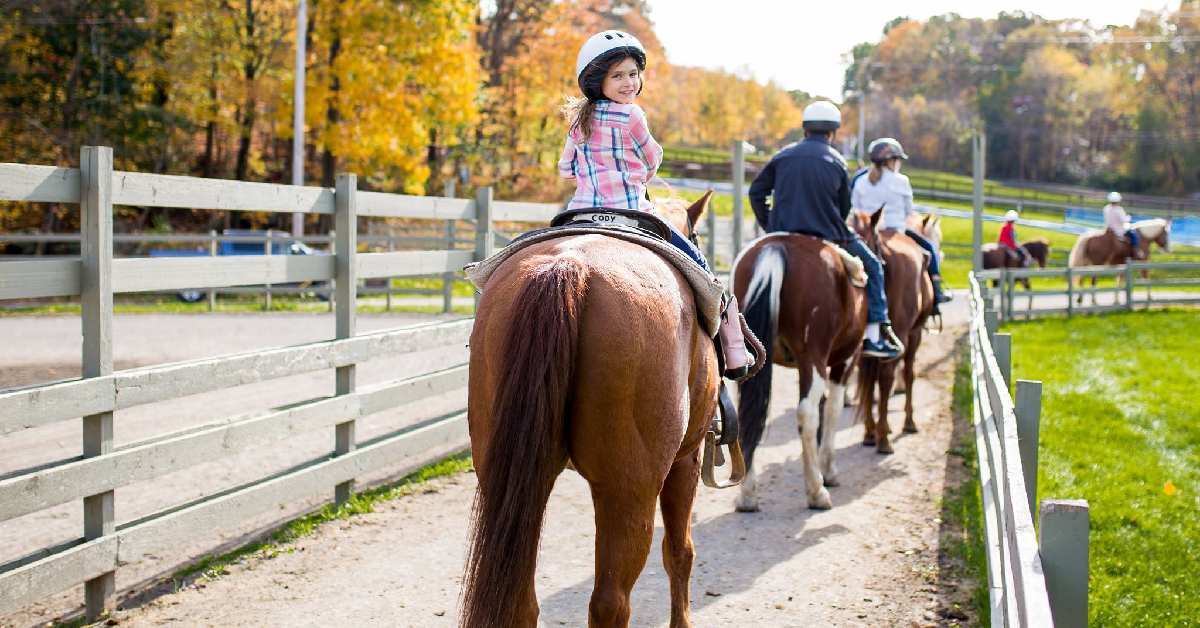 a family horseback riding