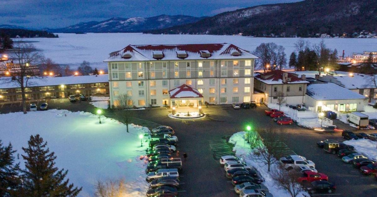 aerial view of fort william henry hotel in winter