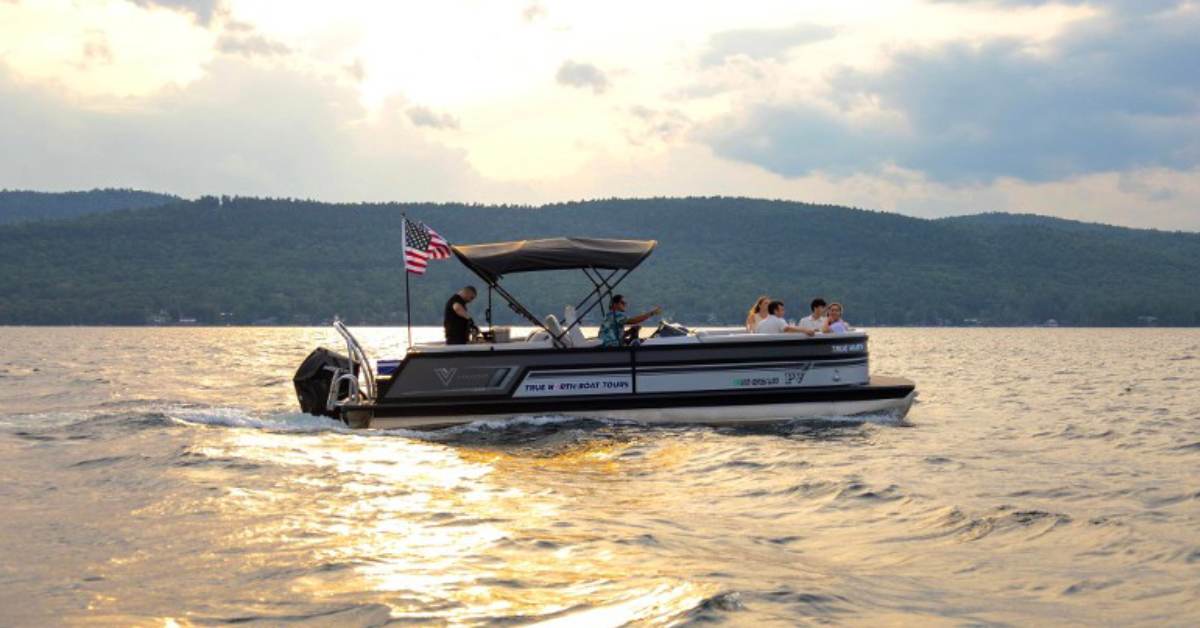 a pontoon on a lake