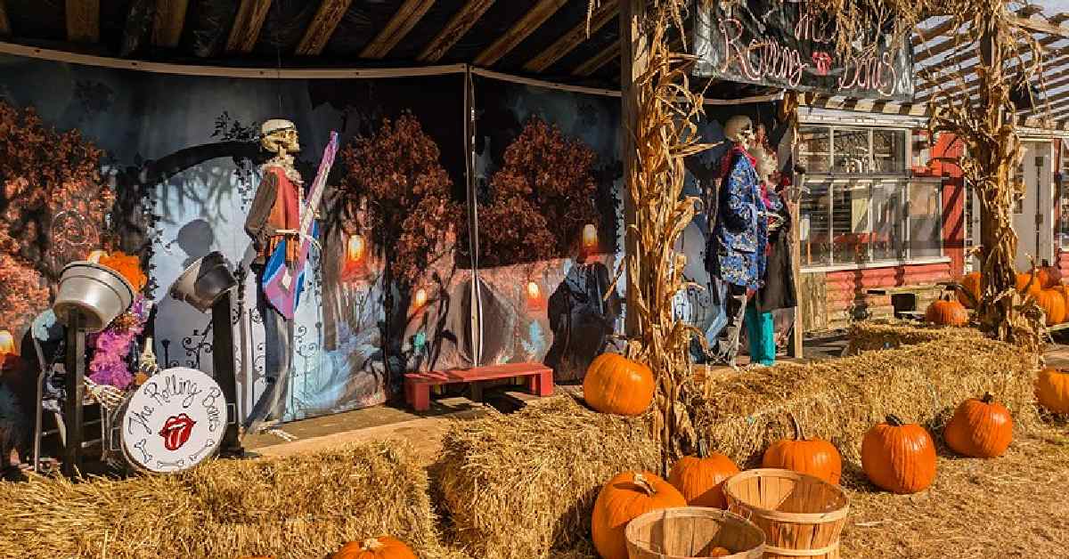 skeleton band display and pumpkins