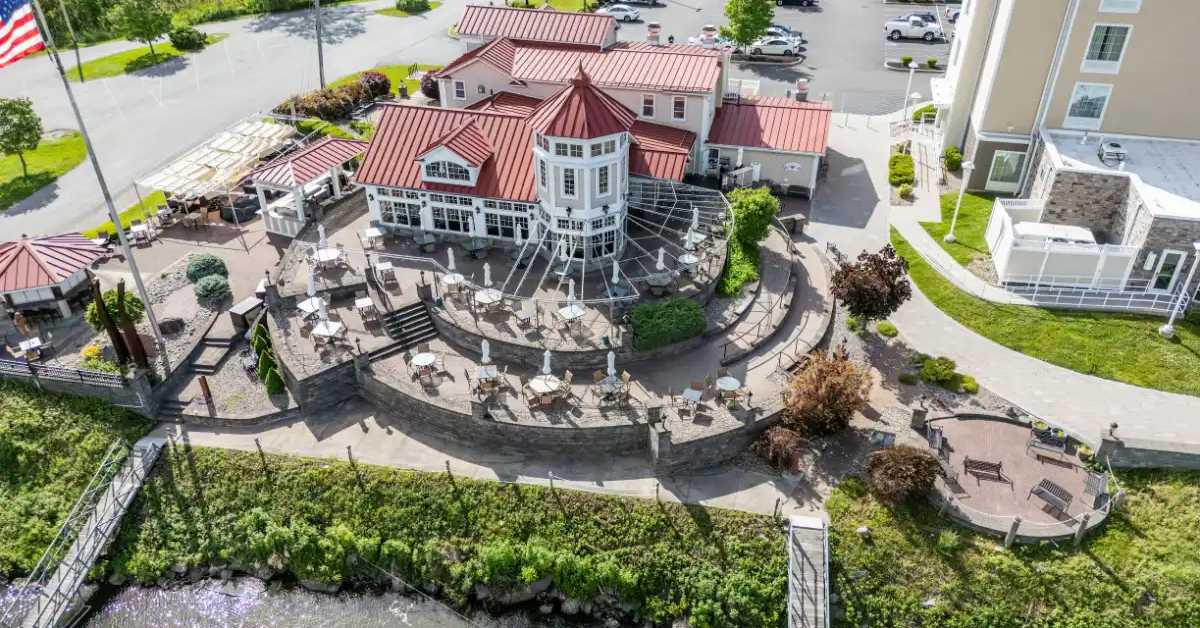 aerial view of large waterfront restaurant patio