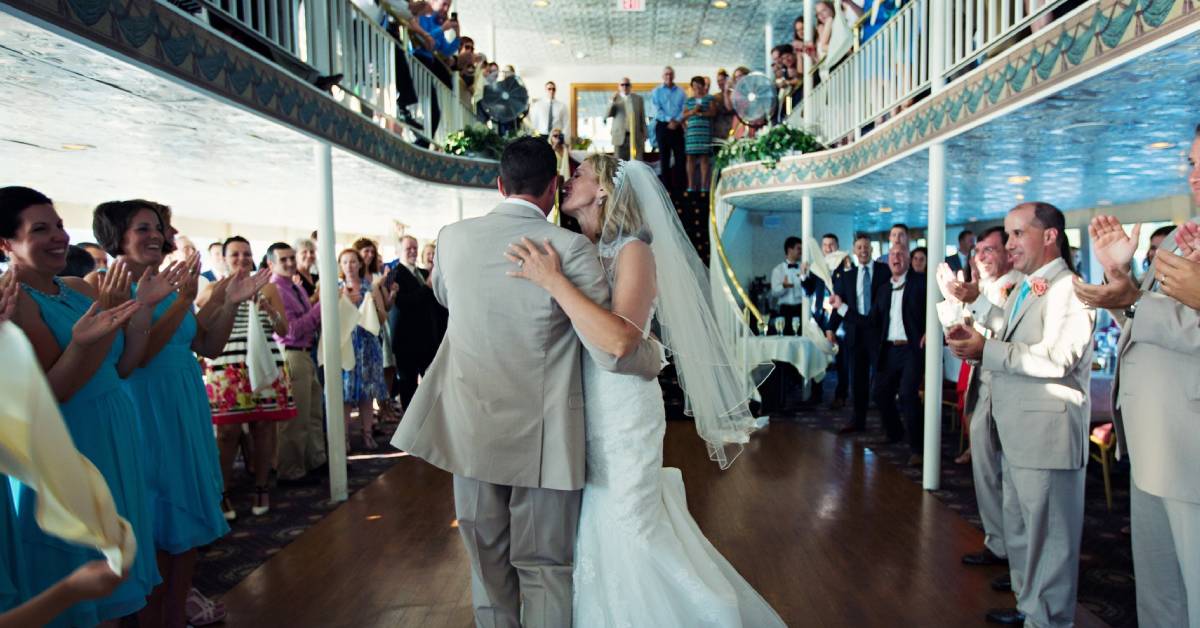 bride and groom on boat