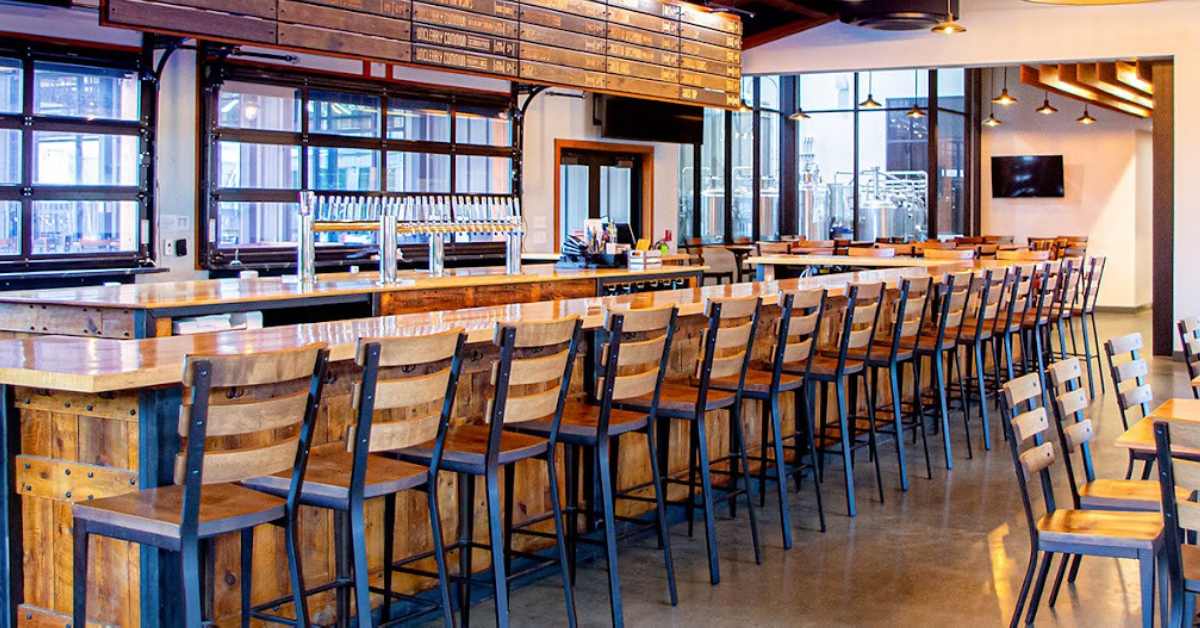 long wooden brewery bar