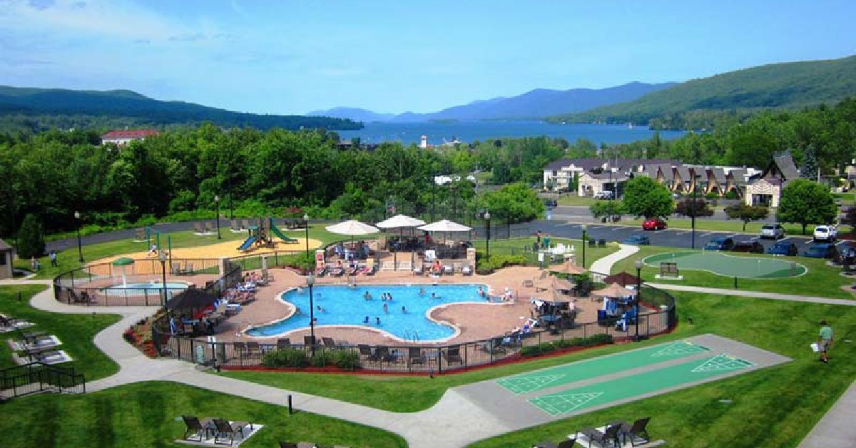 hotel amenities/grounds lake in background