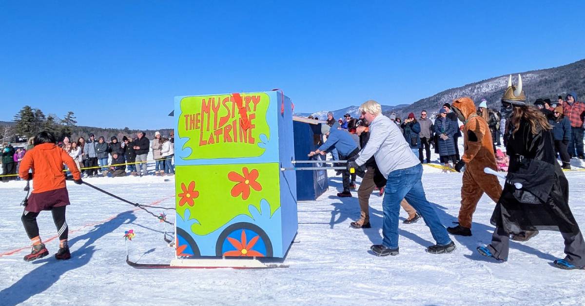 outhouse race at lake george winter carnival