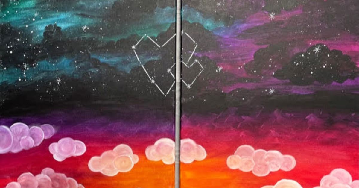 a starry sky painting with two hearts
