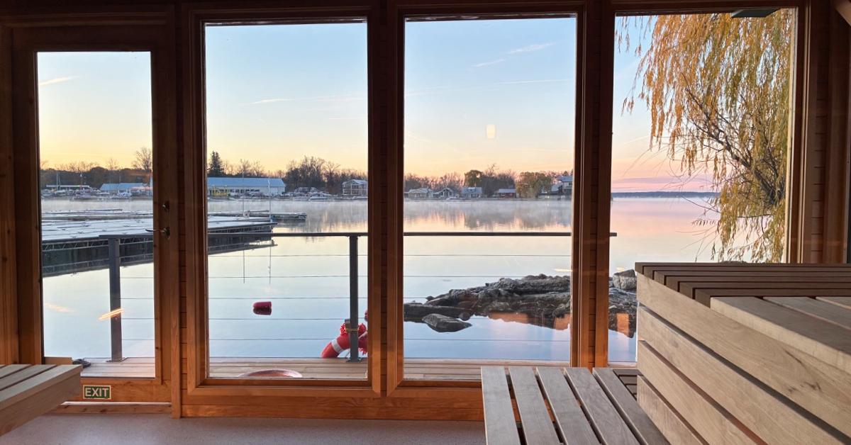 a scenic view of lake from sauna