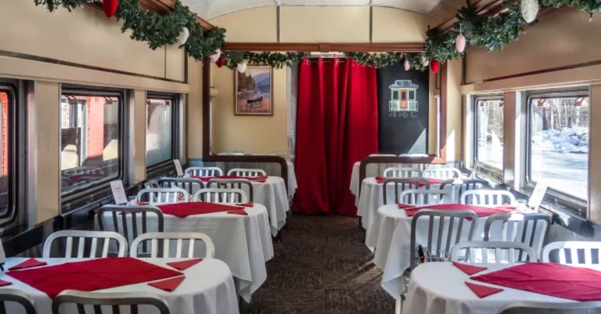 a train with tables set up for a Valentine's ride