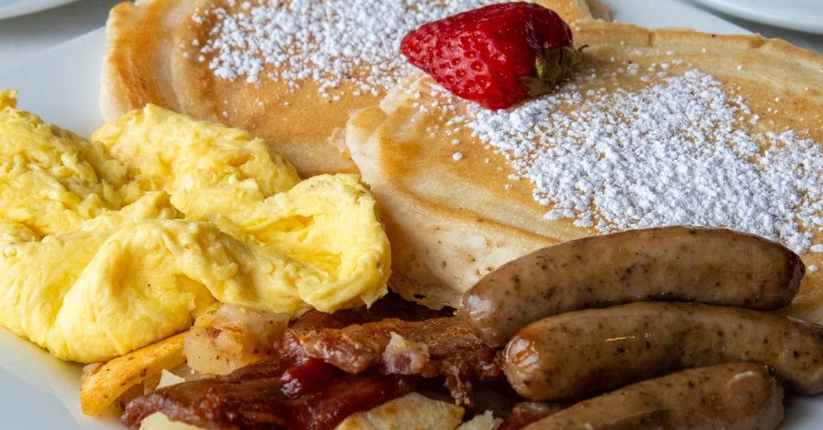 pancakes, eggs, bacon, sausage