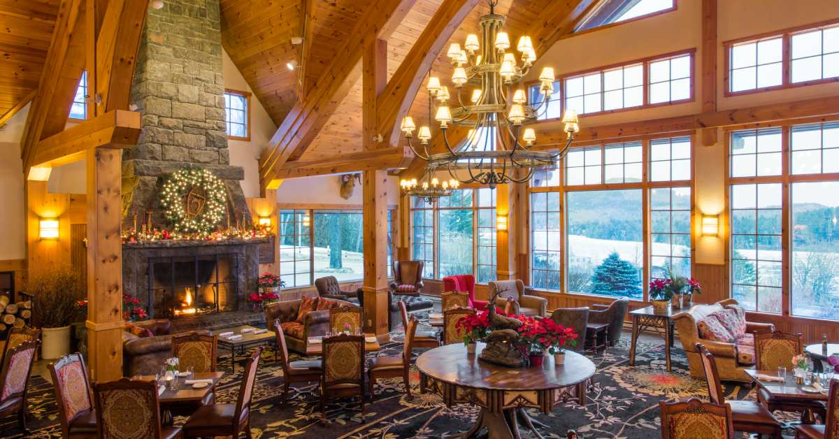 holiday decor in a large rustic dining area