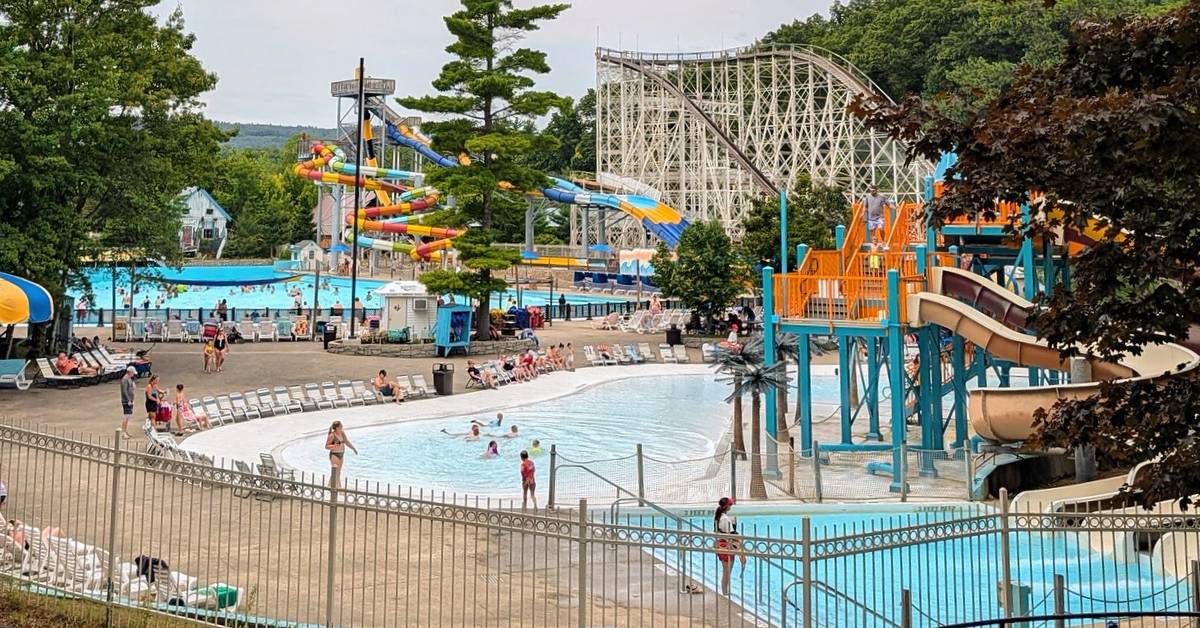 pools, waterslides, and roller coaster at great escape