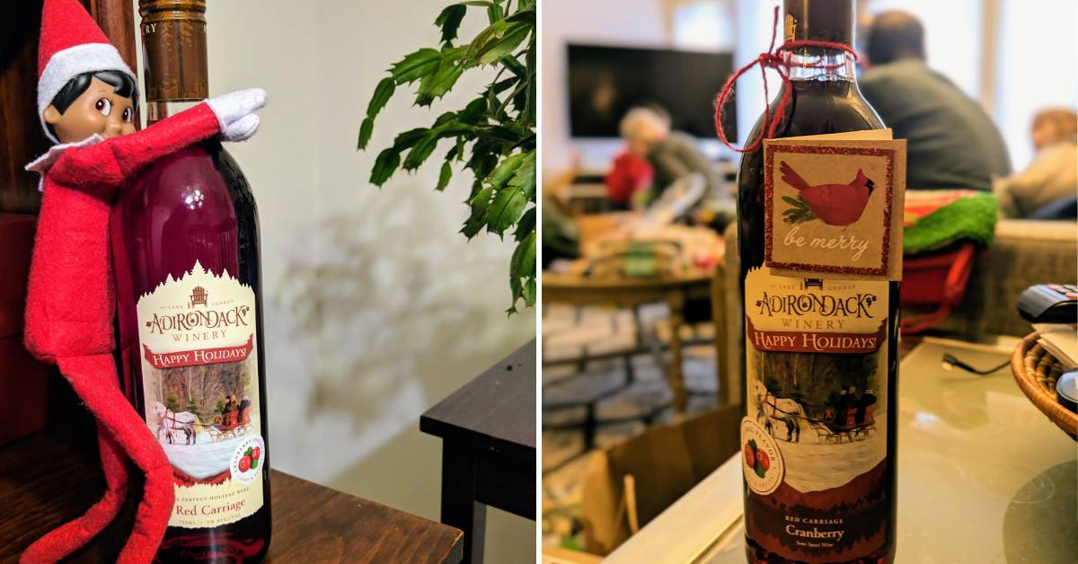 red carriage wine, one with elf, one on table with gift tag
