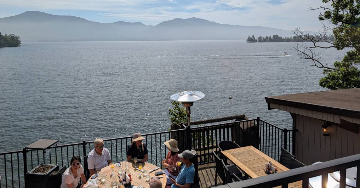 people patio dining by lake george