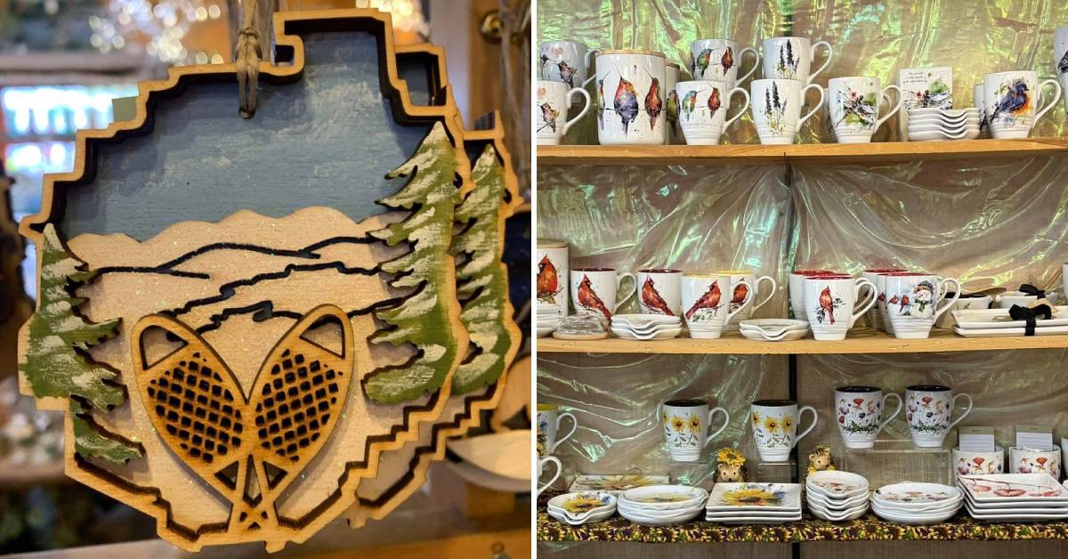 ornament on left, dishware on right