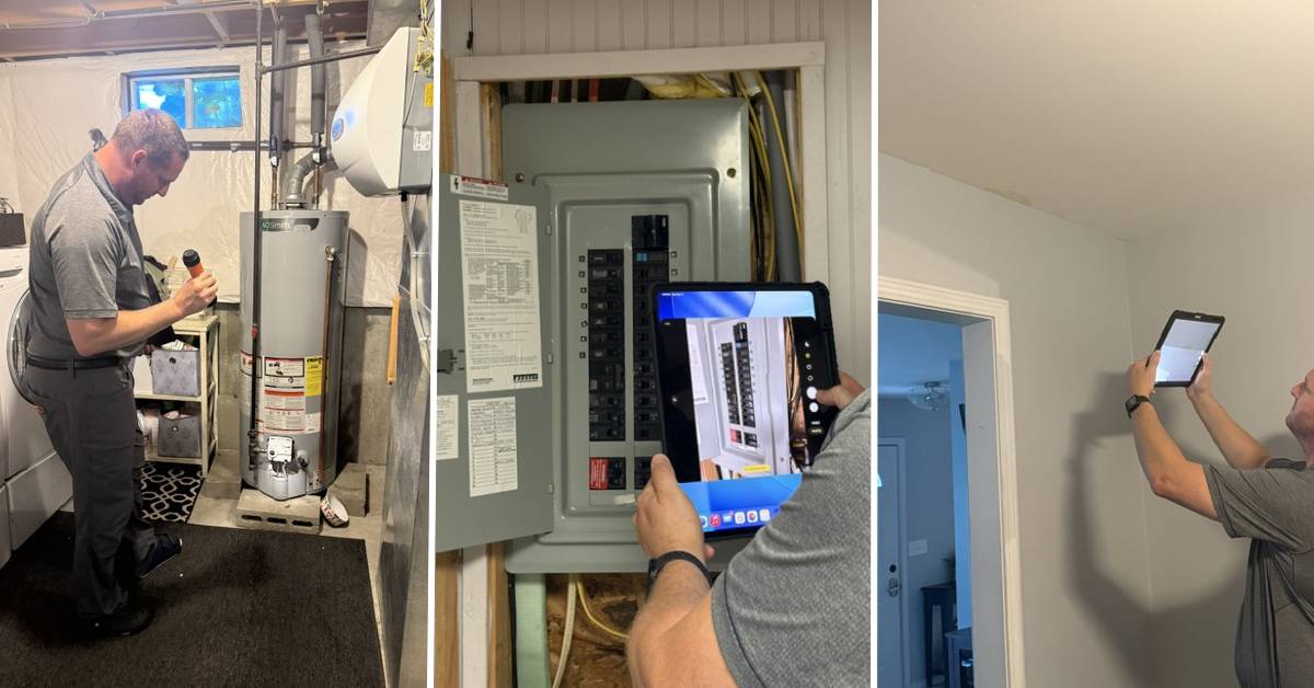 three images of man checking things in the home