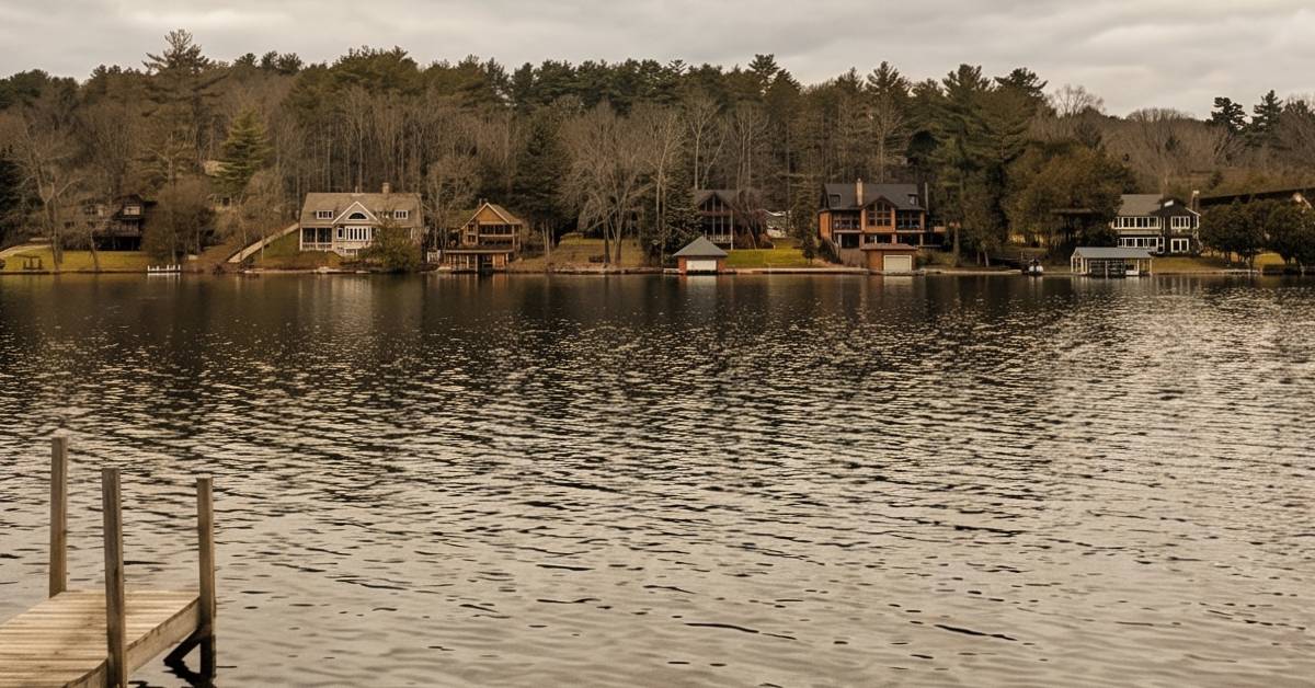 houses across lake in winter with no snow