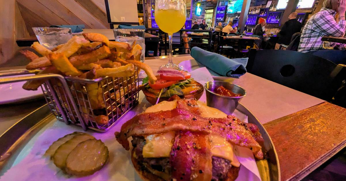burger and fries in restaurant
