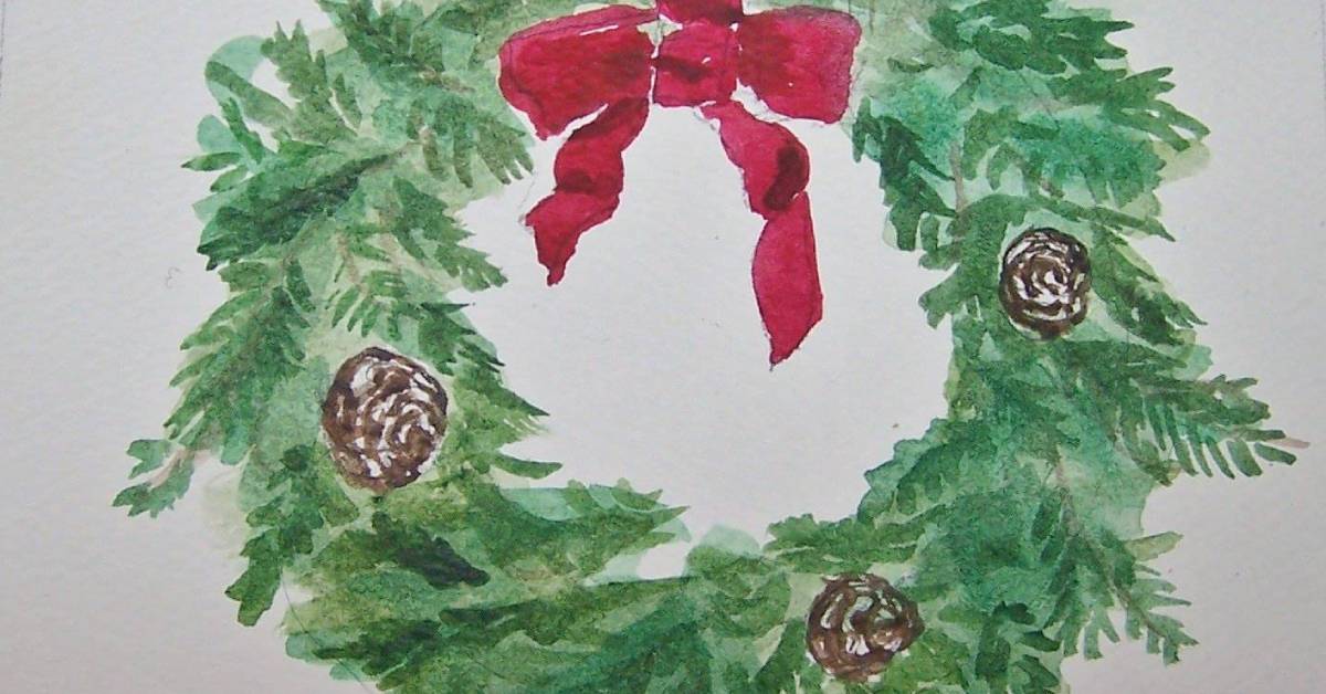 sketch of a wreath with a red ribbon and pinecones