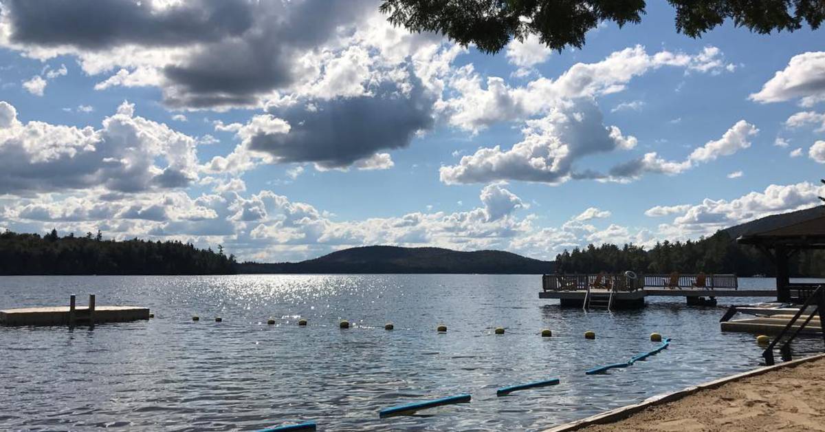 lake beach with floating dock