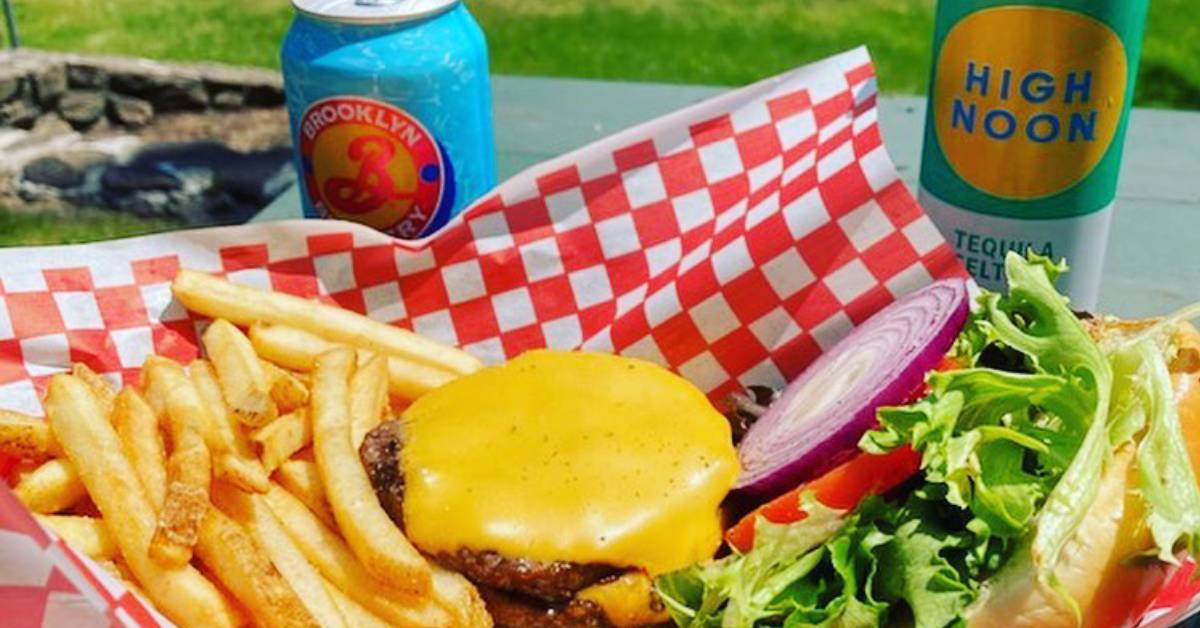 burger, fries, beer