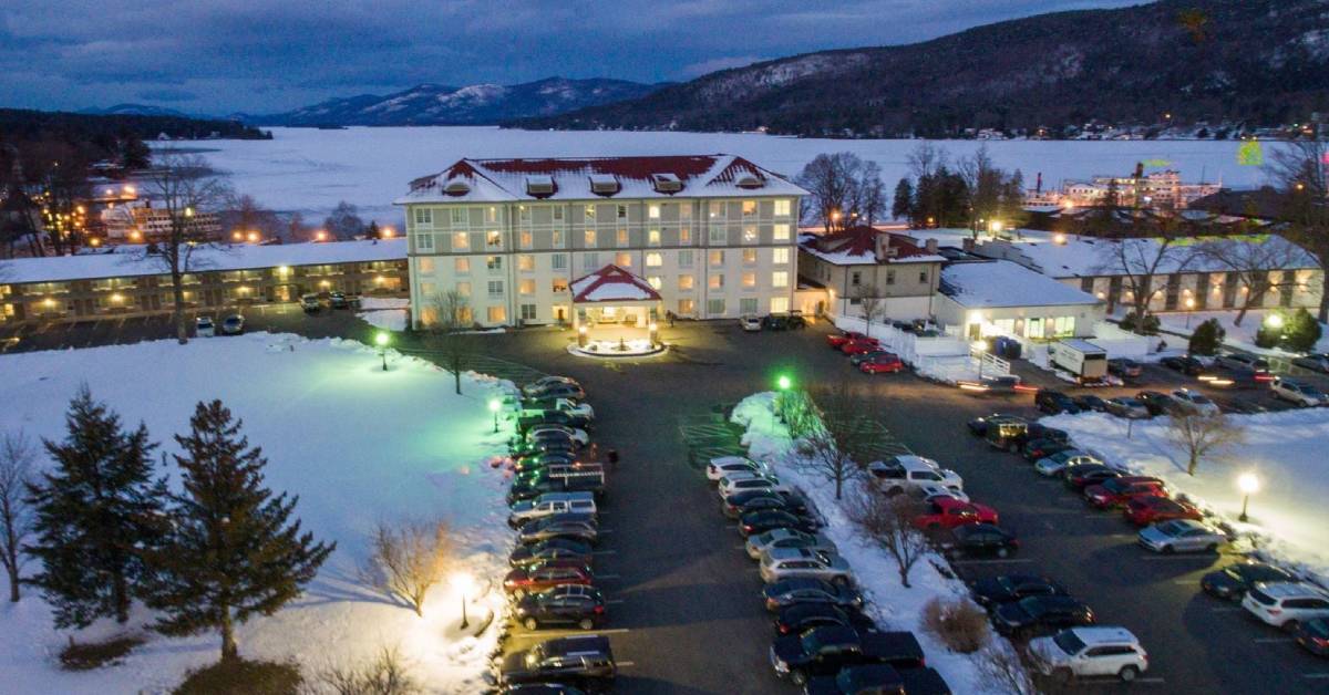 fort william henry hotel, aerial view in winter