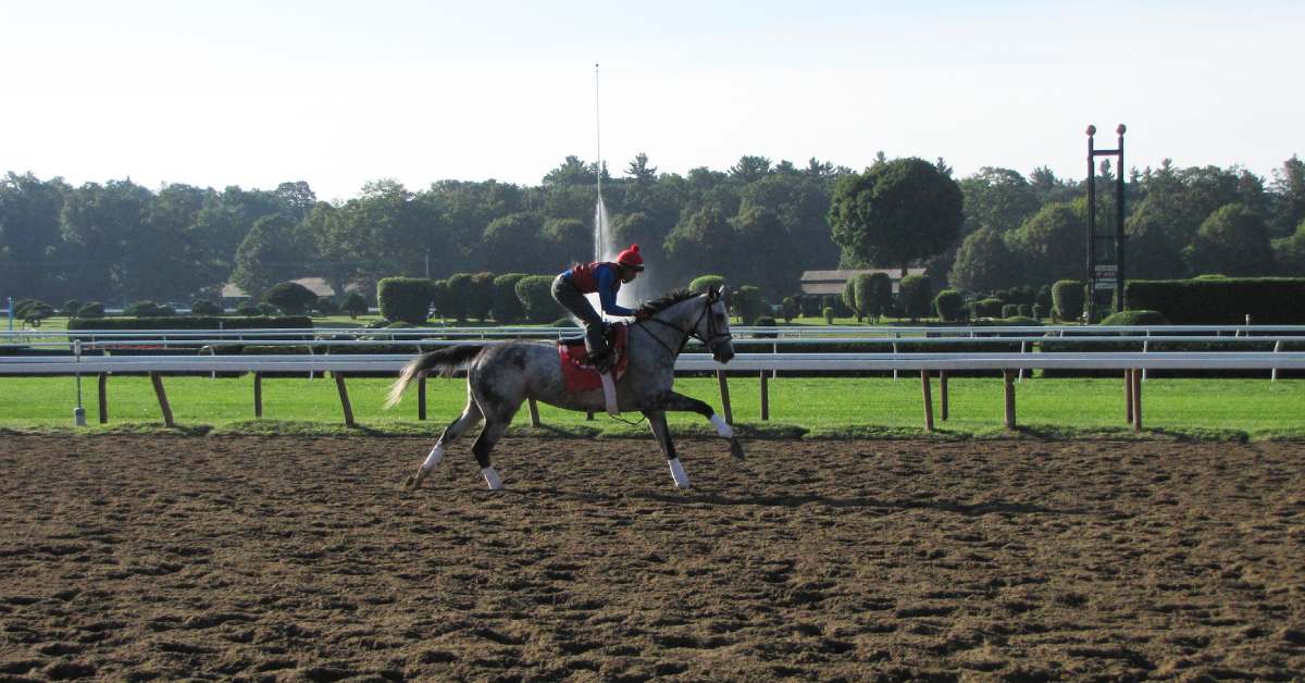 a jockey riding a horse on a dirt track