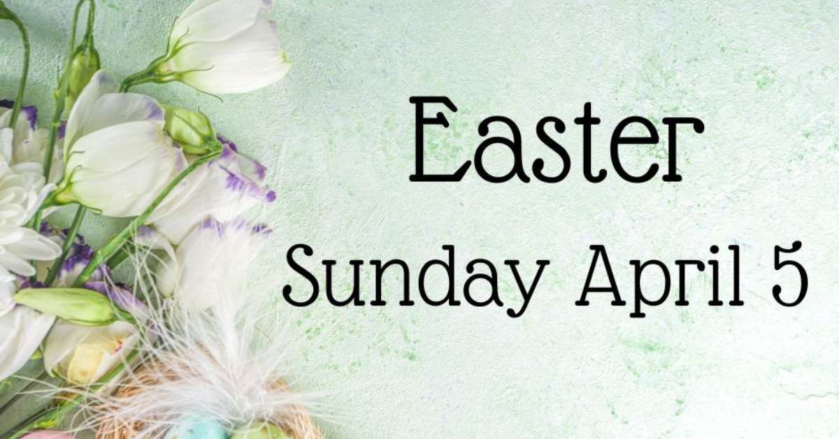 tulips on the left and flowers with a title in the middle that says Easter Sunday April 5