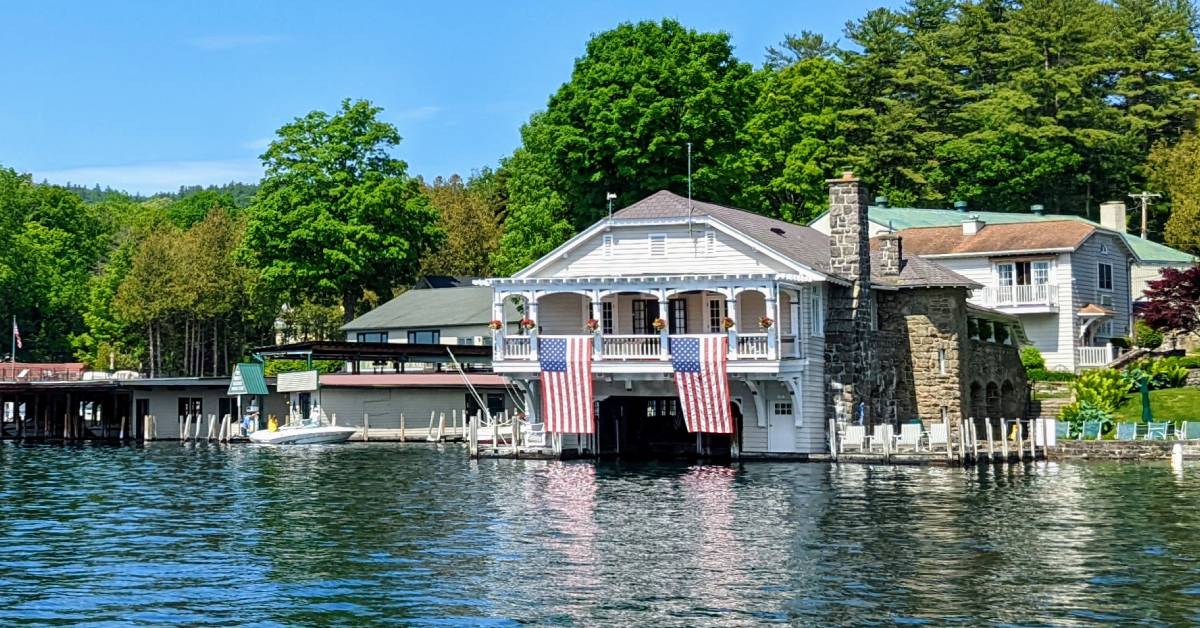 view of boathouse waterfront lodging from the water 