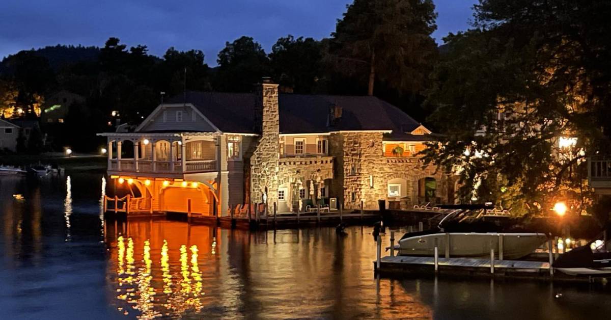 boathouse waterfront lodging at night