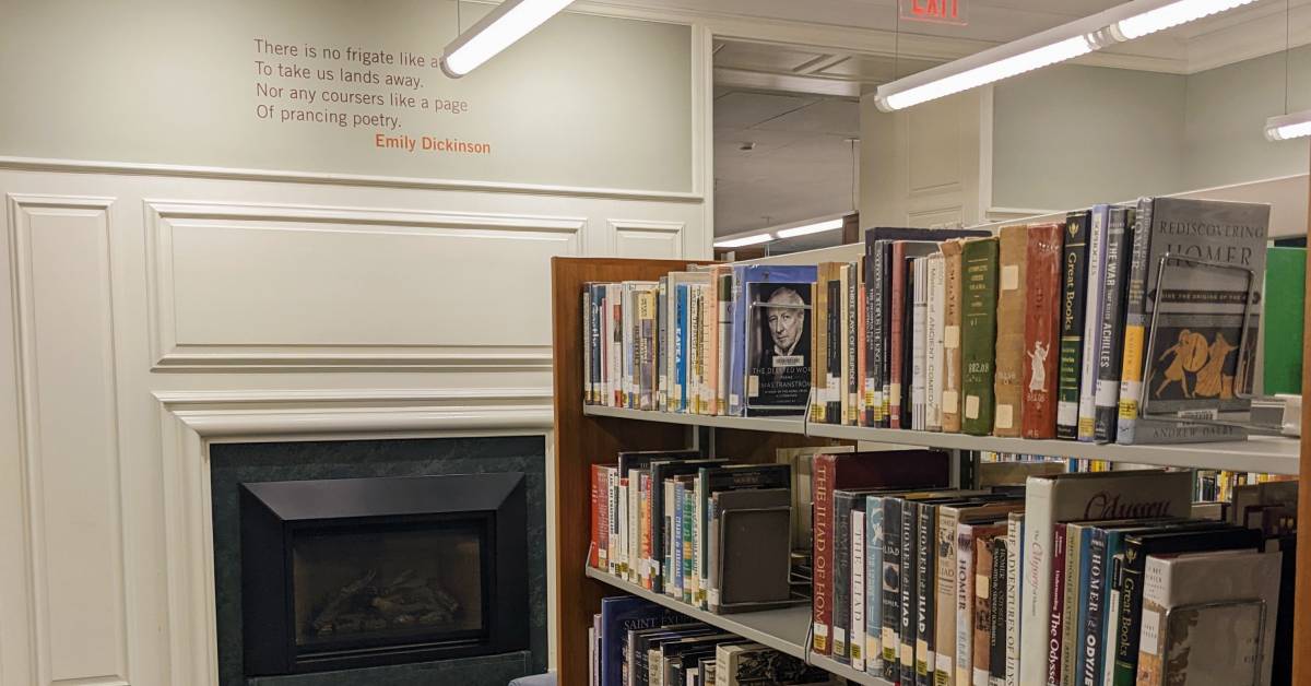 fireplace and books in library