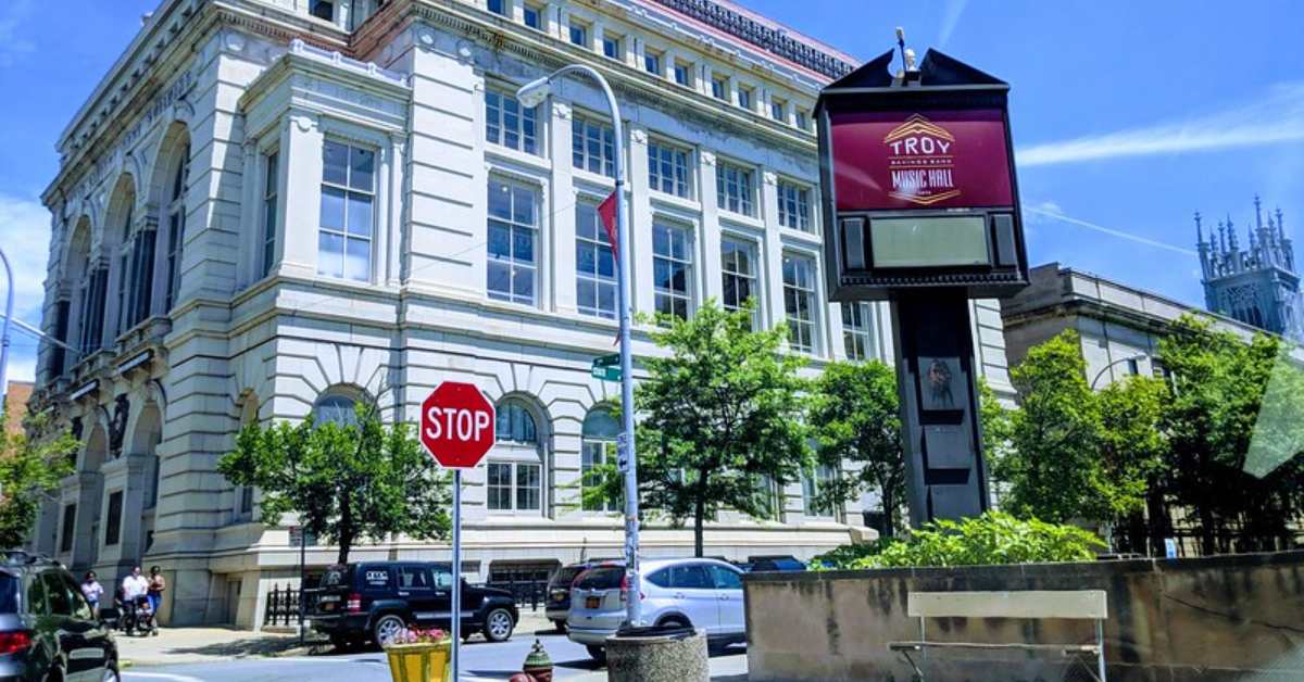 sign and road outside the Troy Savings Bank Music Hall