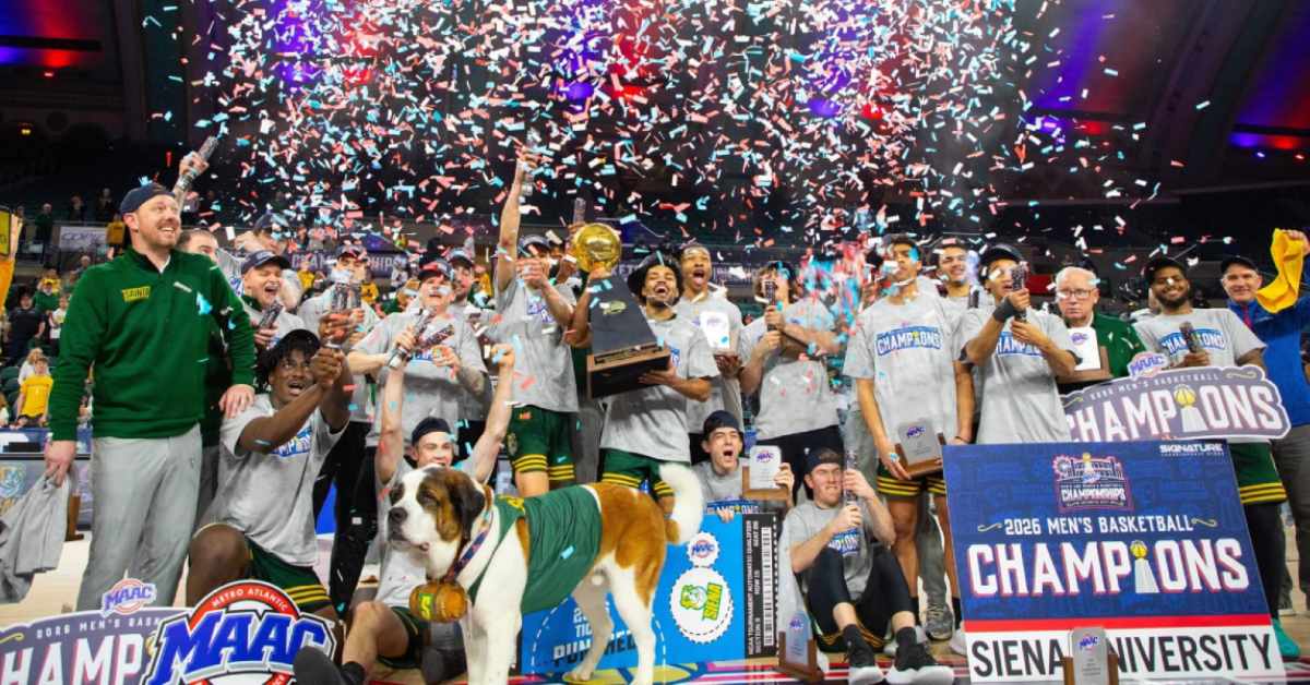 Siena Saints Men's Basketball Team celebration on the court