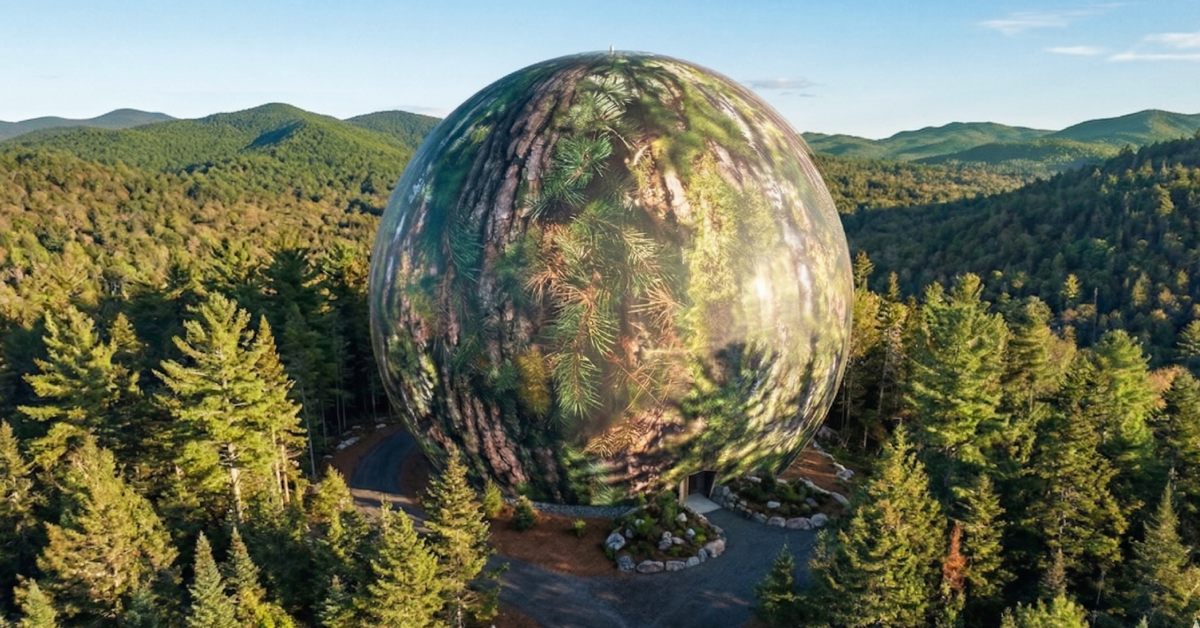 a massive 6,000-seat spherical concert venue camouflaged with high-definition forest textures