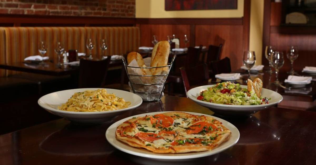pasta, pizza, salad, breadsticks