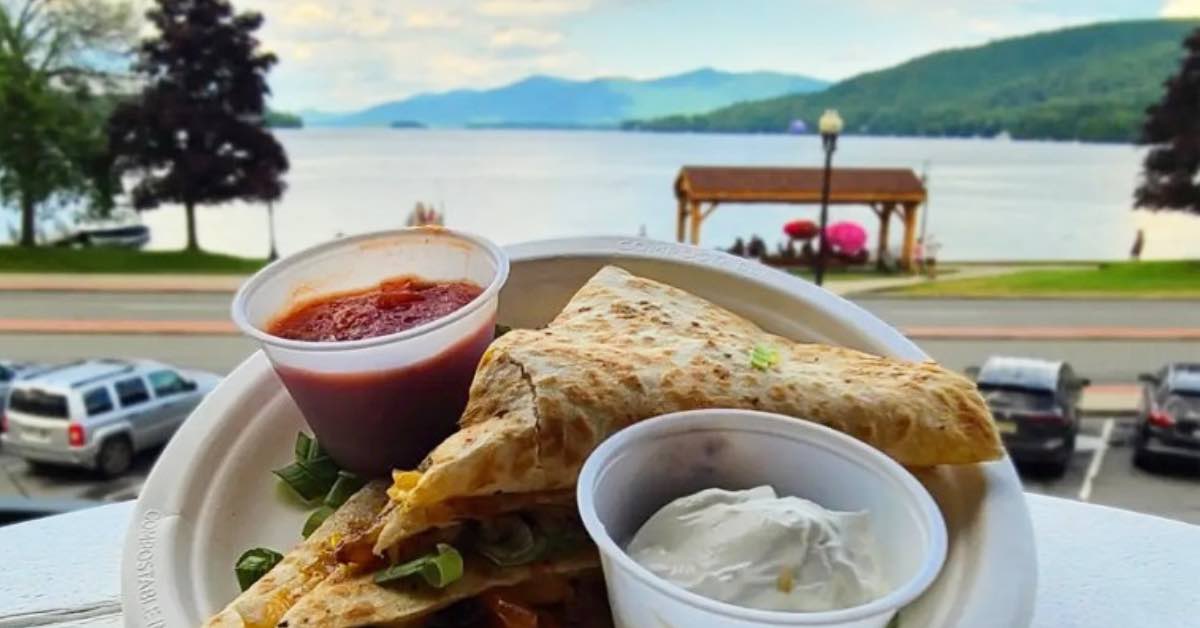 Lookout Bar & Grill on Beach Road in Lake George with waterfront dining view and Adirondack Mountains