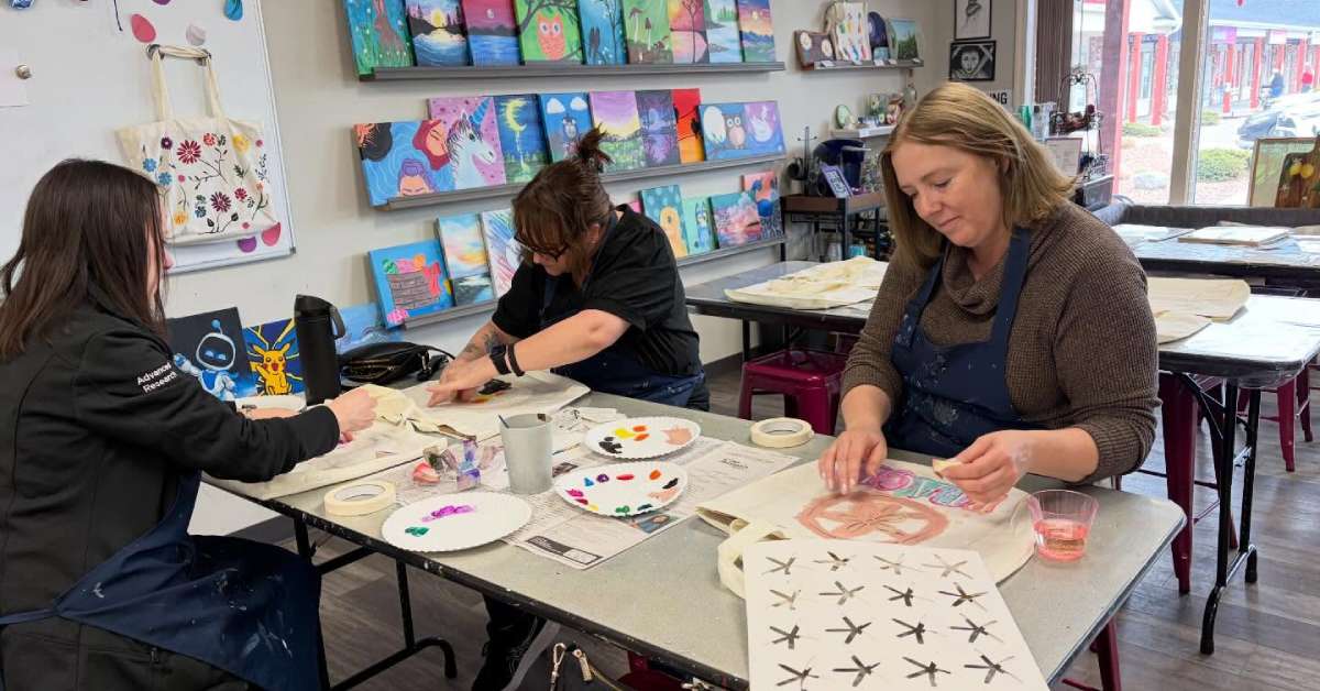 three women in an art studio