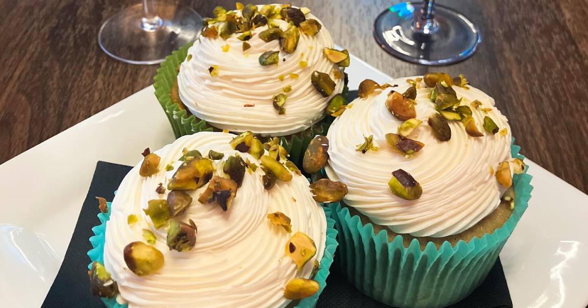 three pistachio cupcakes
