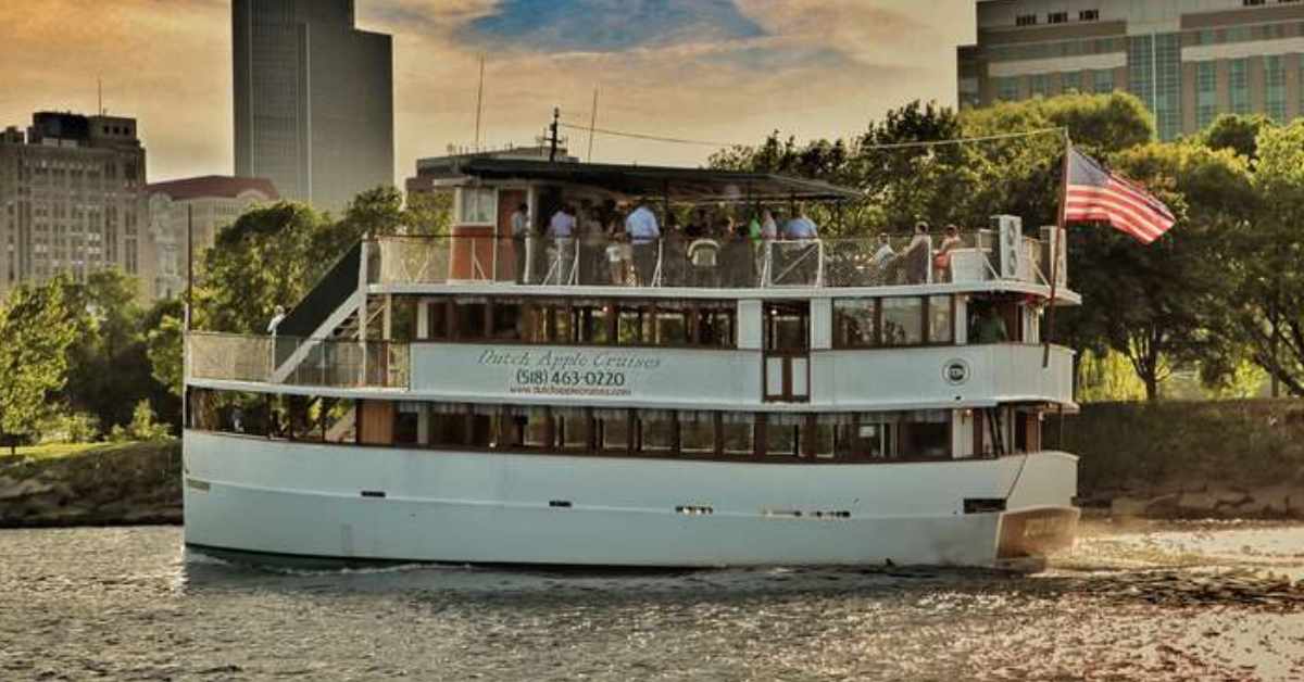 cruise boat on the river in front of the Albany skyline