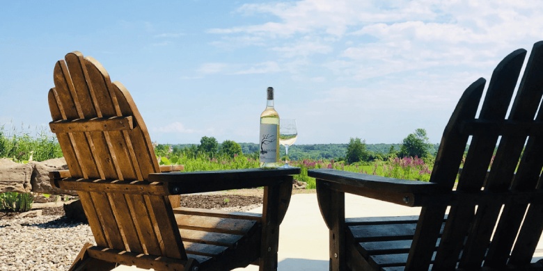 glass of wine on adirondack chair